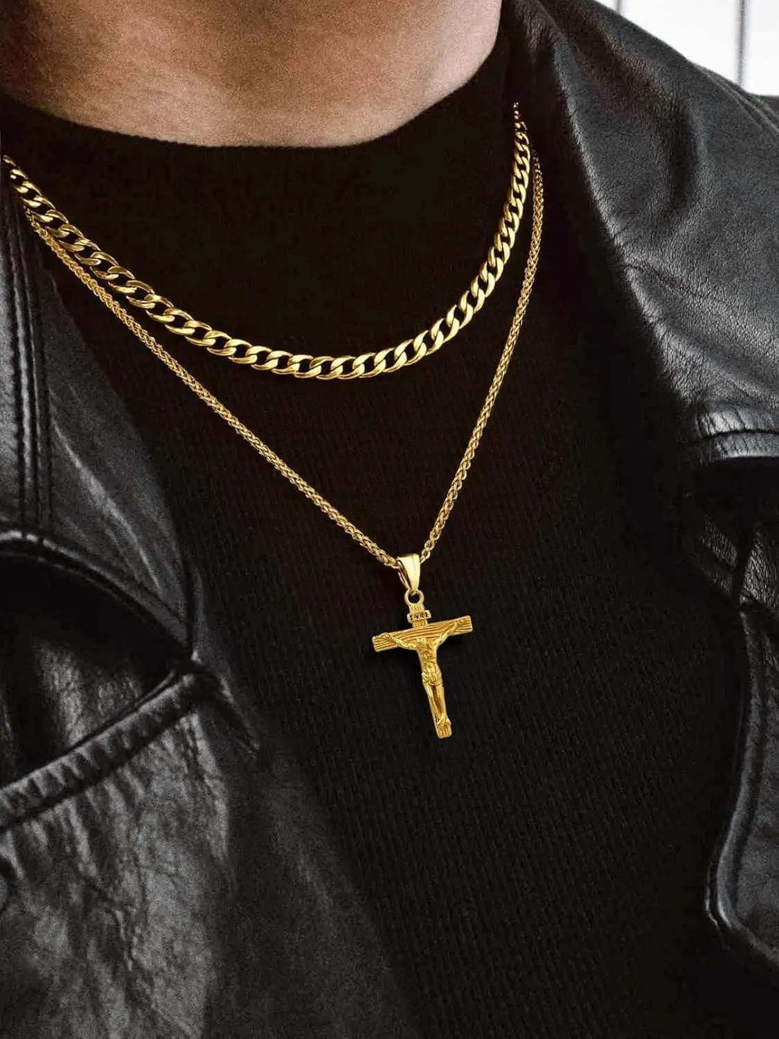 FaithHeart Cross Necklace for Men, Silver/Black/Gold Cuban Link Chain Crucifix Necklace Stainless Steel Mens Cross Pendant Necklaces 18-24 Inch Religious Jewelry Gift
