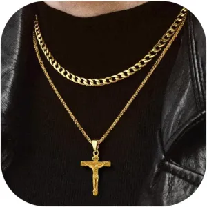FaithHeart Cross Necklace for Men, Silver/Black/Gold Cuban Link Chain Crucifix Necklace Stainless Steel Mens Cross Pendant Necklaces 18-24 Inch Religious Jewelry Gift