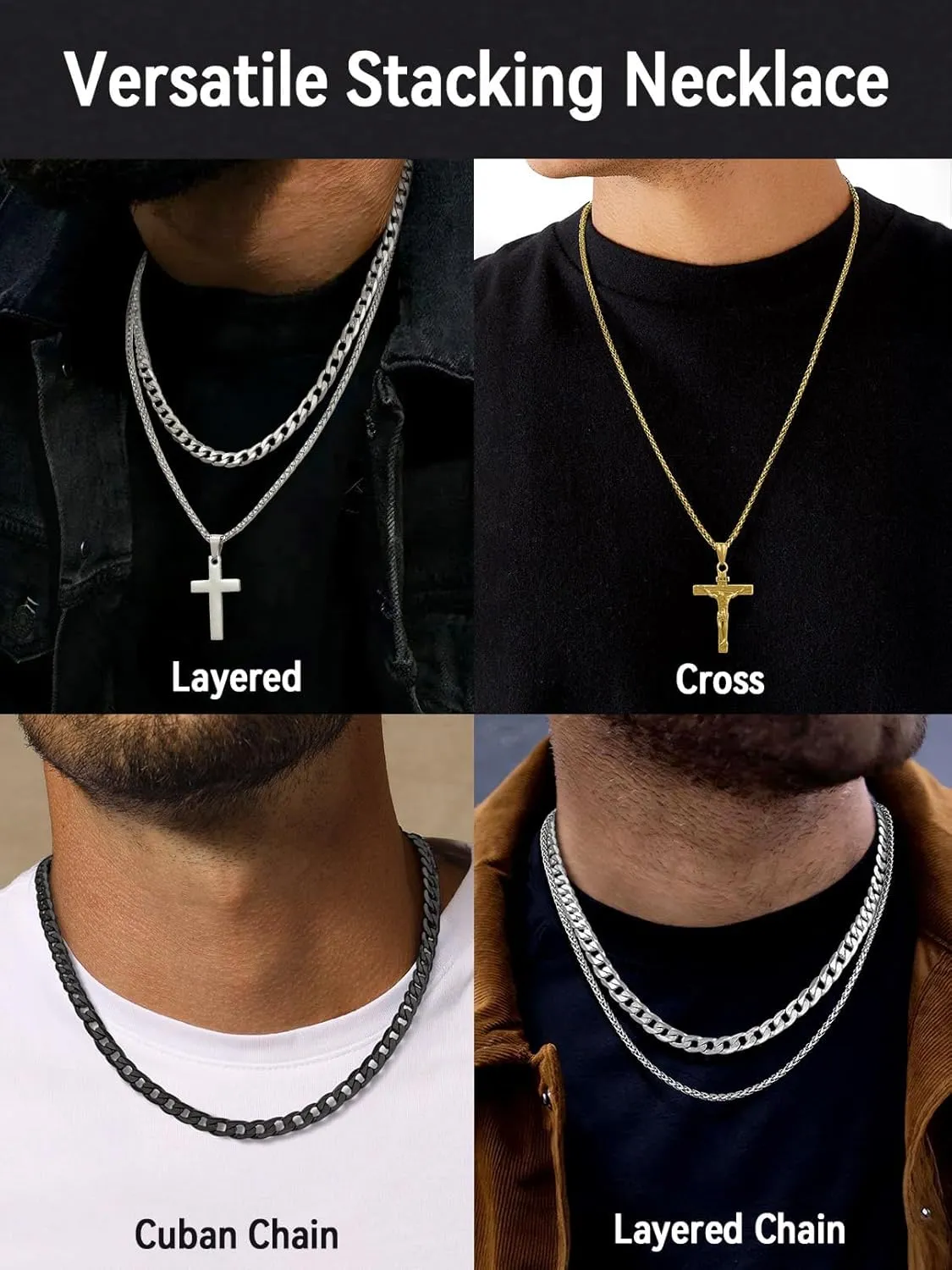 FaithHeart Cross Necklace for Men, Silver/Black/Gold Cuban Link Chain Crucifix Necklace Stainless Steel Mens Cross Pendant Necklaces 18-24 Inch Religious Jewelry Gift