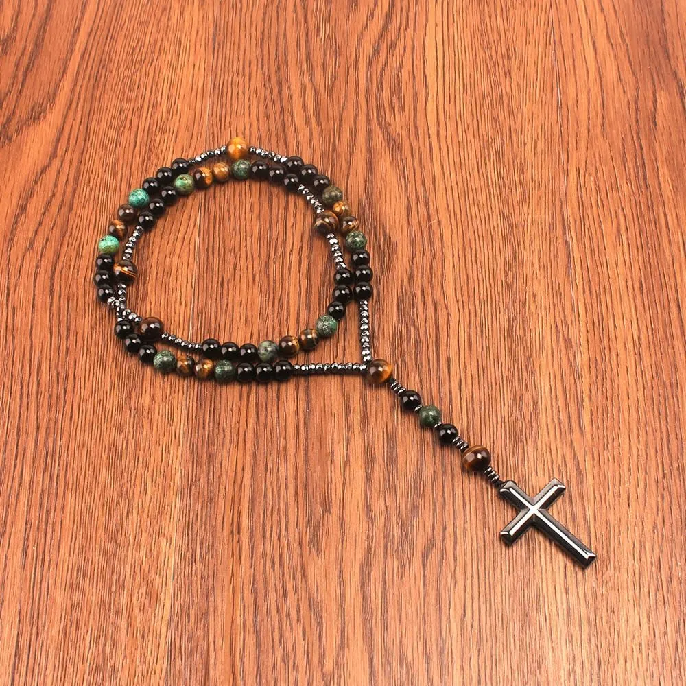 Fashion Color Natural Stone Necklace, Cross Metal Pendant, Men's Necklace For Relatives Friends Birthday Gifts