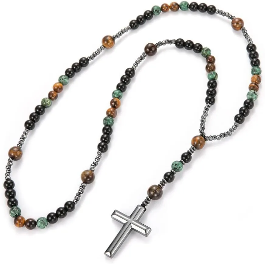 Fashion Color Natural Stone Necklace, Cross Metal Pendant, Men's Necklace For Relatives Friends Birthday Gifts