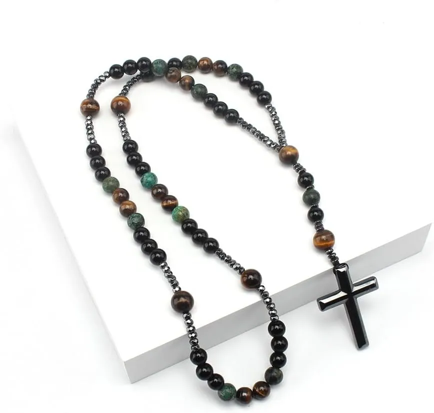 Fashion Color Natural Stone Necklace, Cross Metal Pendant, Men's Necklace For Relatives Friends Birthday Gifts