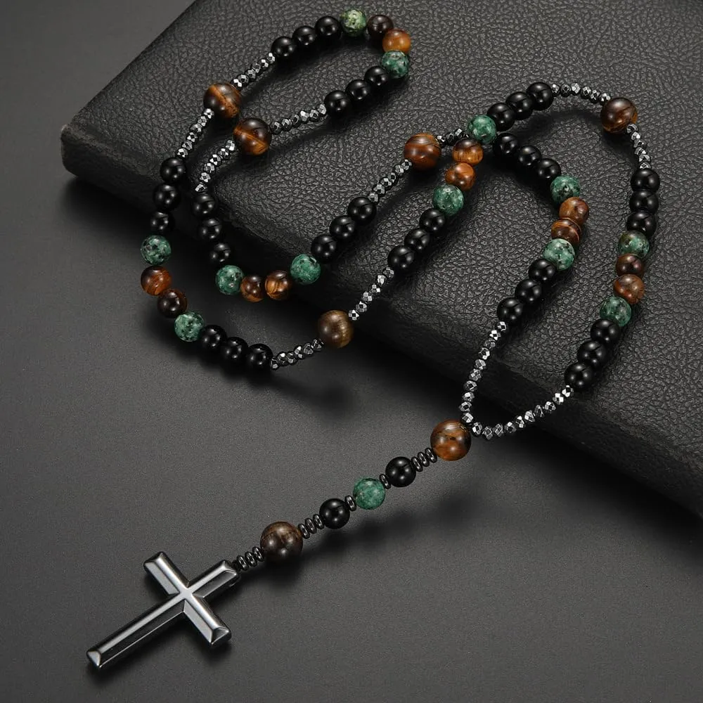 Fashion Color Natural Stone Necklace, Cross Metal Pendant, Men's Necklace For Relatives Friends Birthday Gifts