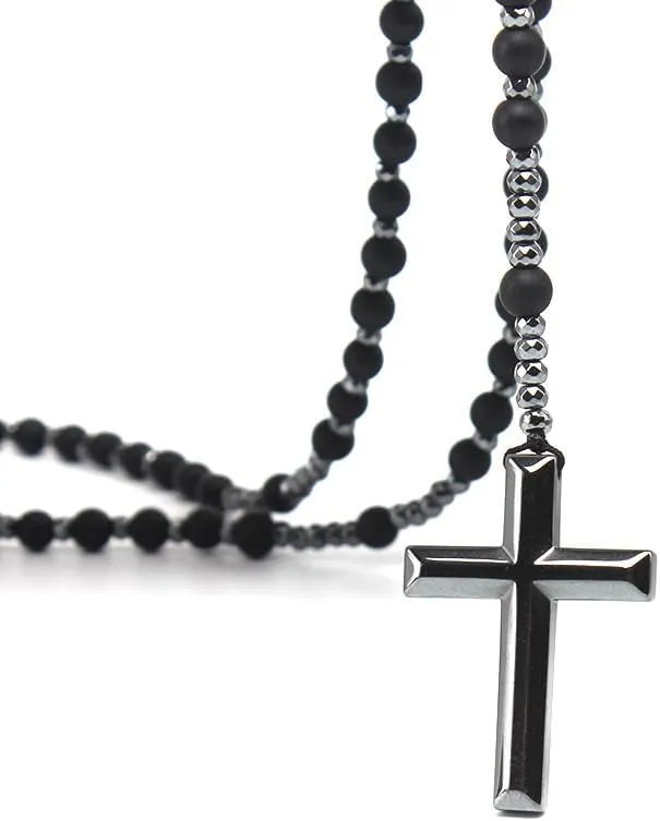 Fashion Color Natural Stone Necklace, Cross Metal Pendant, Men's Necklace For Relatives Friends Birthday Gifts