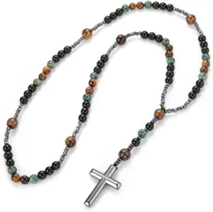 Fashion Color Natural Stone Necklace, Cross Metal Pendant, Men's Necklace For Relatives Friends Birthday Gifts