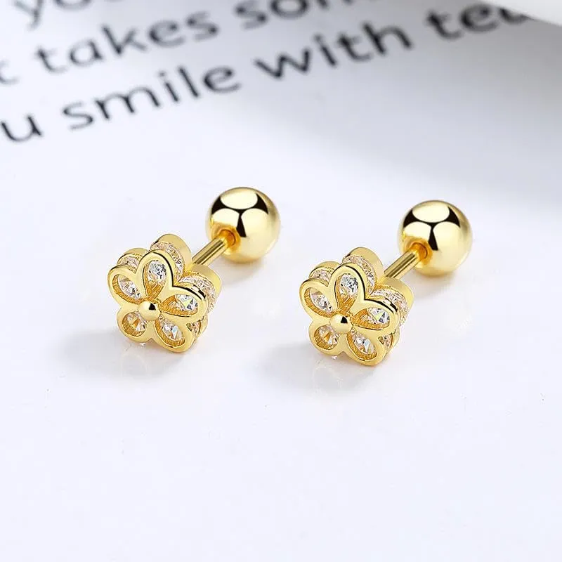 Fashion Jewelry 925 Sterling Silver Threaded Flower Five Petals Zircon Gold-Plated Stud Earrings for Women (gold)