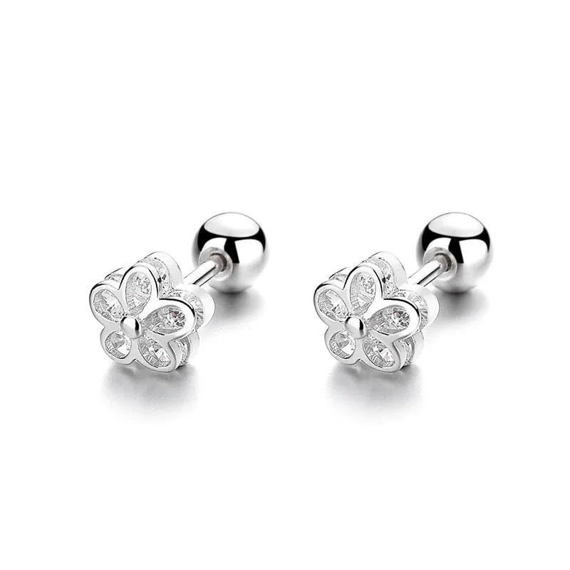 Fashion Jewelry 925 Sterling Silver Threaded Flower Five Petals Zircon Gold-Plated Stud Earrings for Women (gold)
