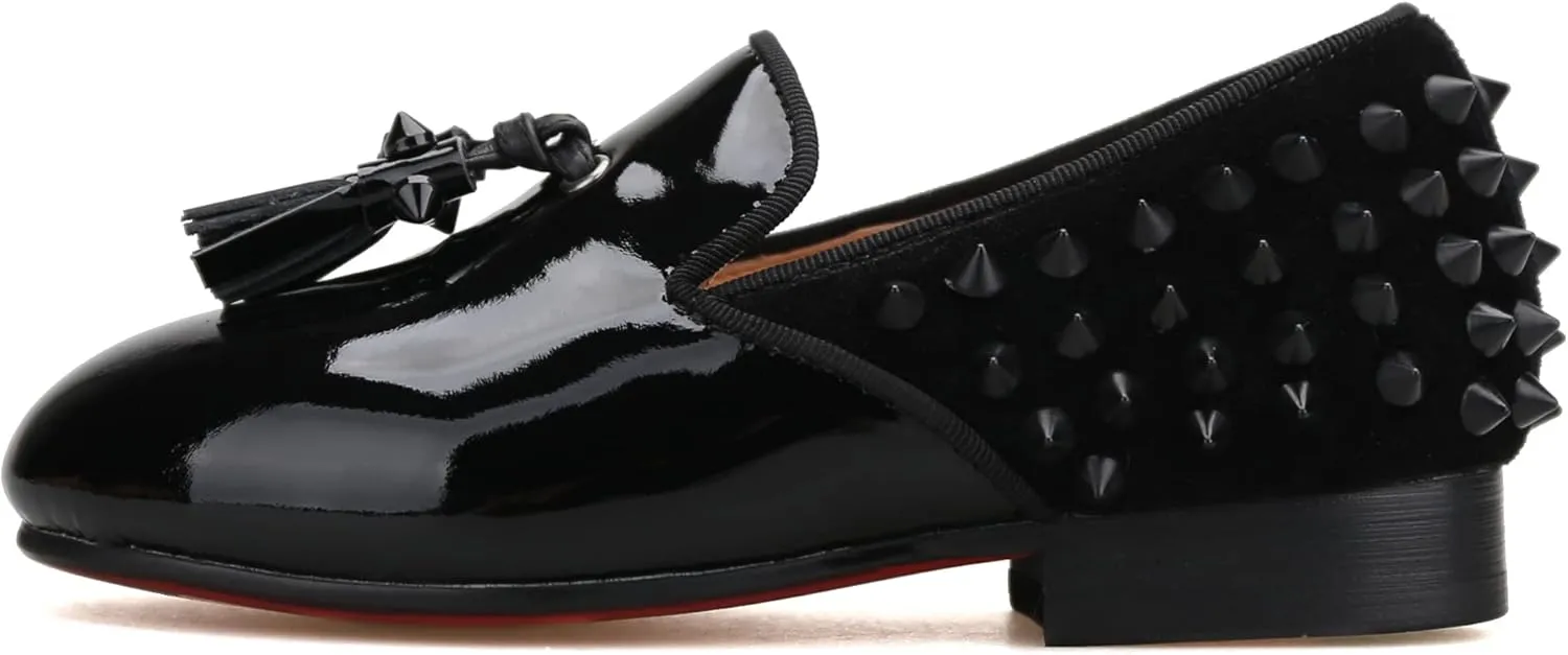 FERUCCI Kids Boys Black Studded Leather Spiked Tassel Loafer Wedding Gala Partys Tie Event
