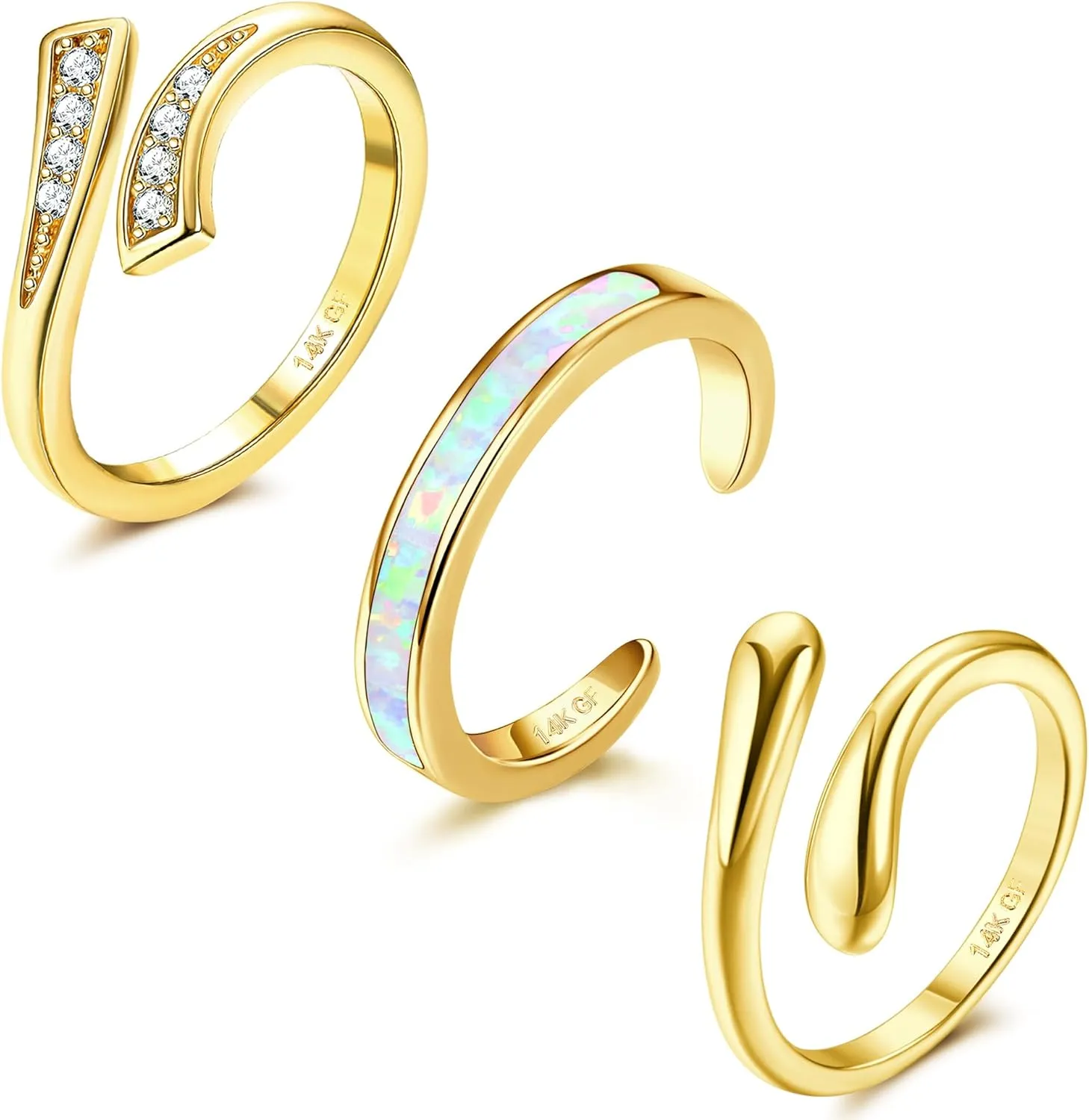 FIASASO 3Pcs Gold Filled Toe Rings for Women 14K Gold Filled Toe Ring Adjustable Flower Cz Opal Hug Dainty Toe Ring Summer Beach Open Toe Rings Set Toe Jewelry Foot Jewelry