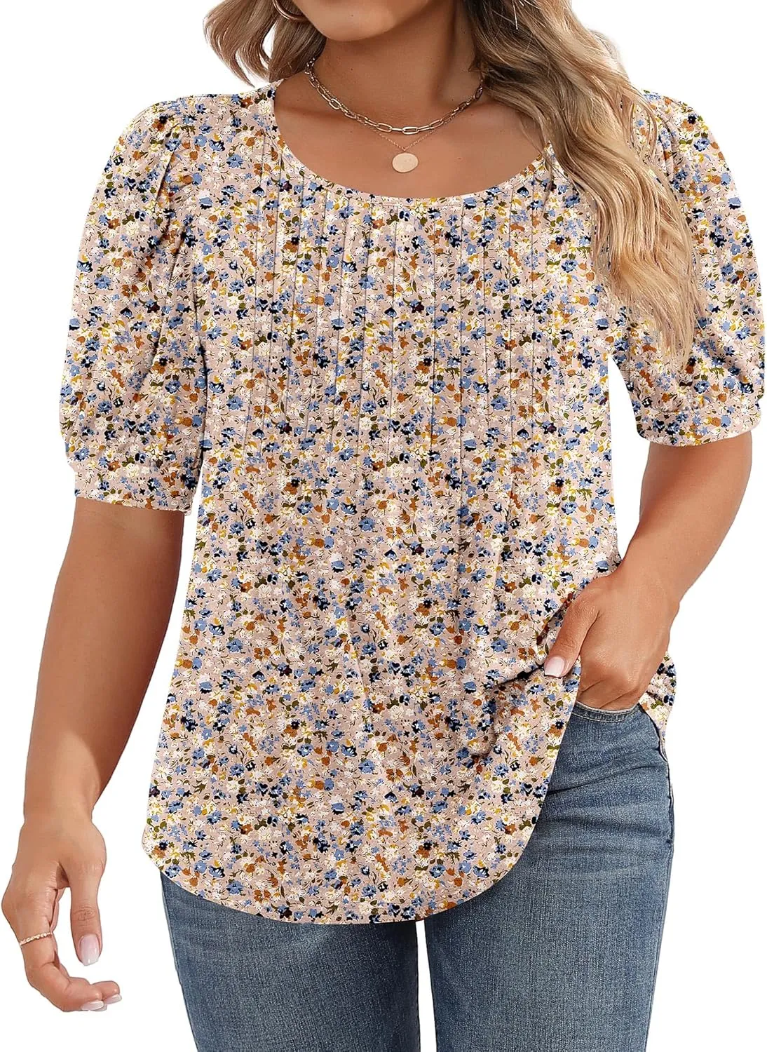 Ficerd Women's Plus Size Puff Short Sleeve Tunic Tops Crew Neck Pleated Blouses Summer Casual T Shirt Blouse 1X-5X