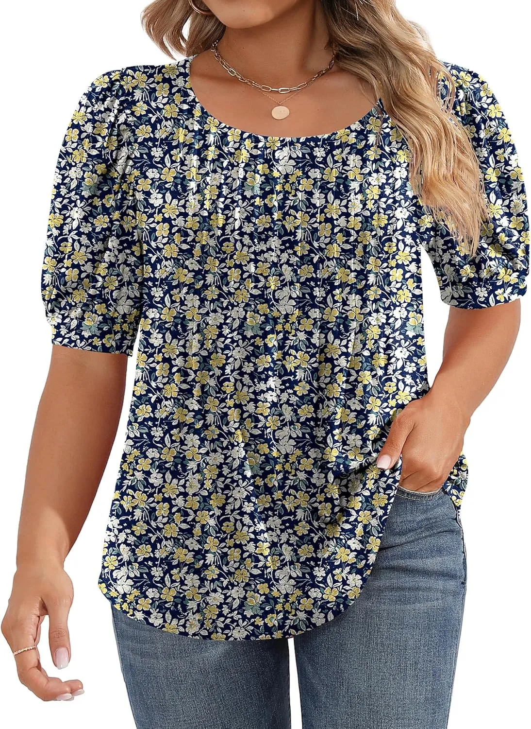 Ficerd Women's Plus Size Puff Short Sleeve Tunic Tops Crew Neck Pleated Blouses Summer Casual T Shirt Blouse 1X-5X
