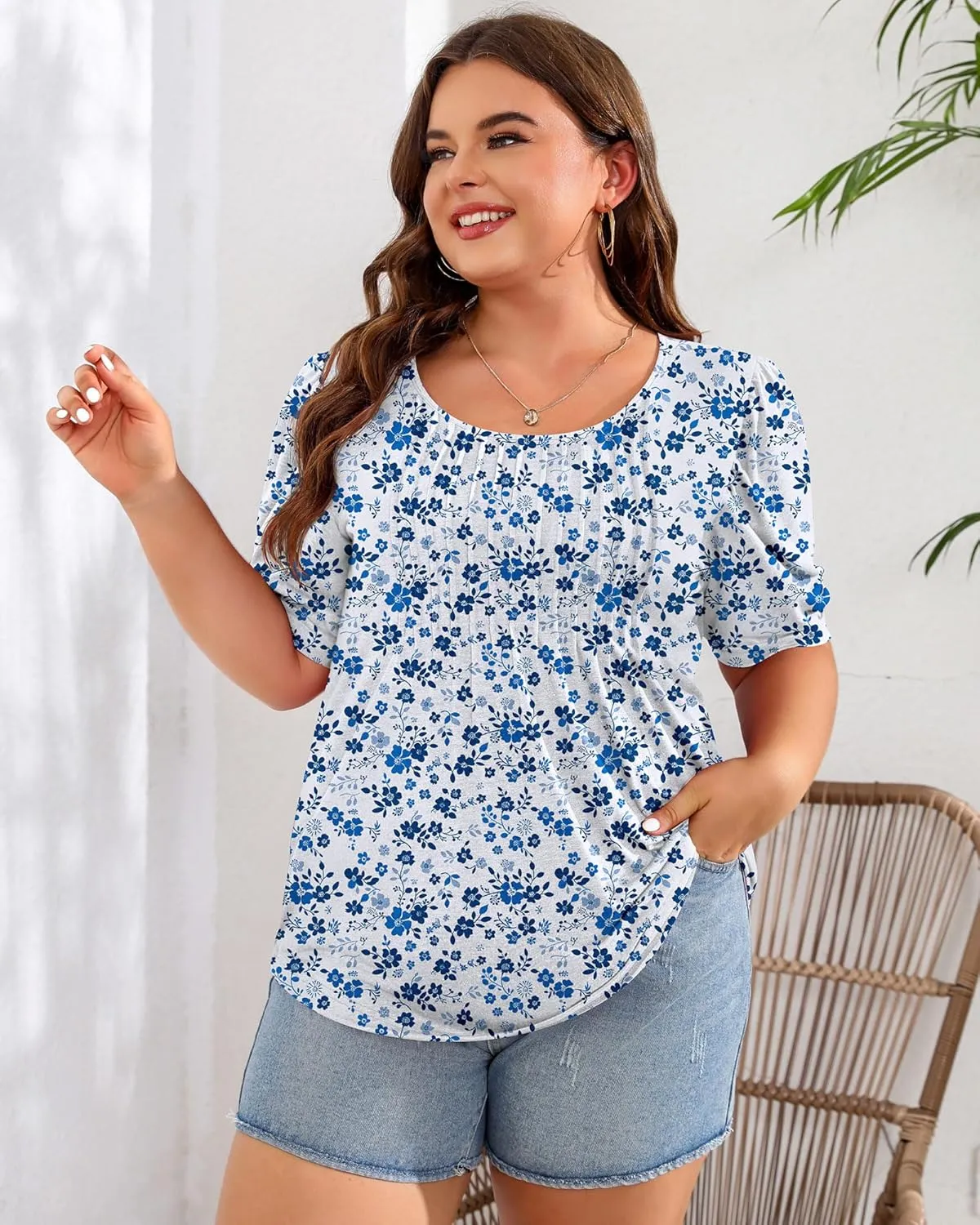 Ficerd Women's Plus Size Puff Short Sleeve Tunic Tops Crew Neck Pleated Blouses Summer Casual T Shirt Blouse 1X-5X