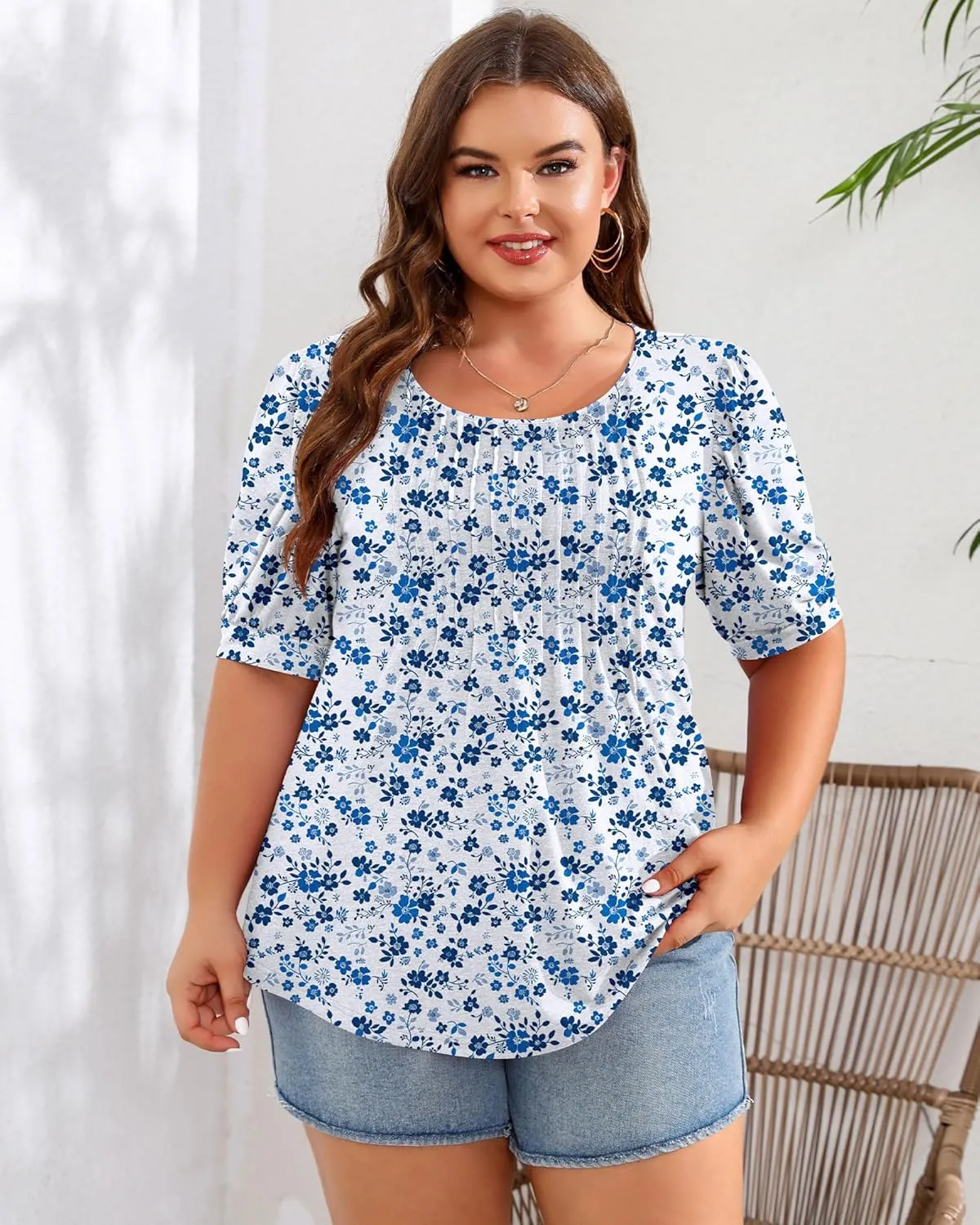 Ficerd Women's Plus Size Puff Short Sleeve Tunic Tops Crew Neck Pleated Blouses Summer Casual T Shirt Blouse 1X-5X