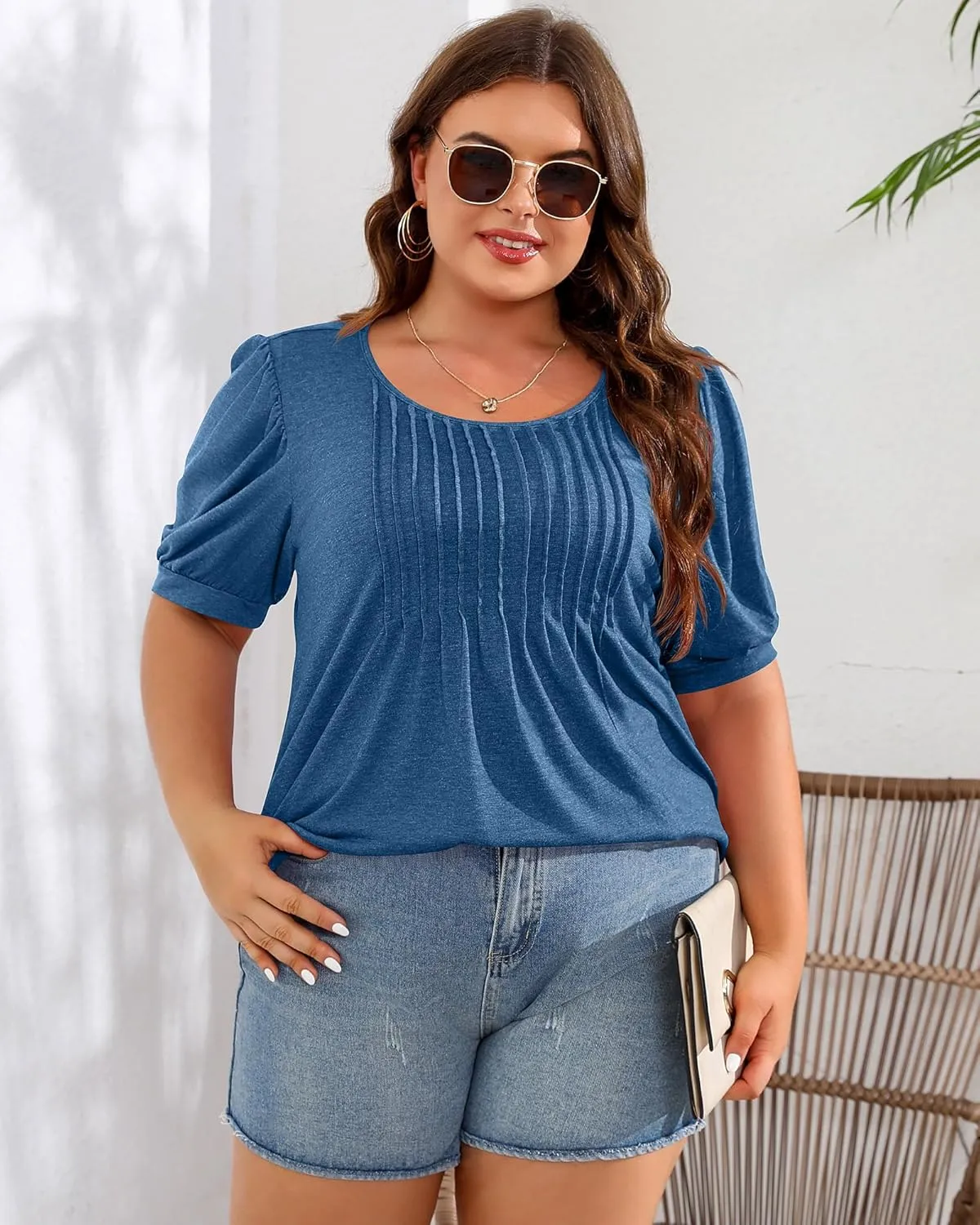 Ficerd Women's Plus Size Puff Short Sleeve Tunic Tops Crew Neck Pleated Blouses Summer Casual T Shirt Blouse 1X-5X