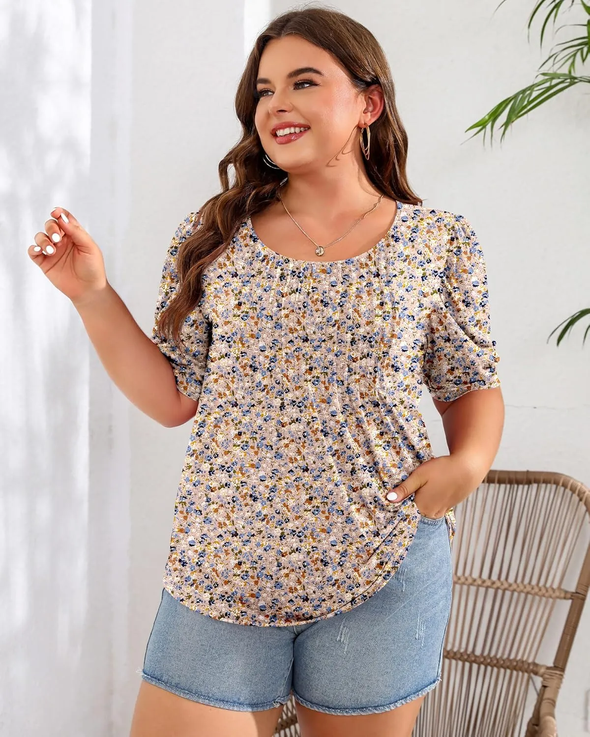 Ficerd Women's Plus Size Puff Short Sleeve Tunic Tops Crew Neck Pleated Blouses Summer Casual T Shirt Blouse 1X-5X