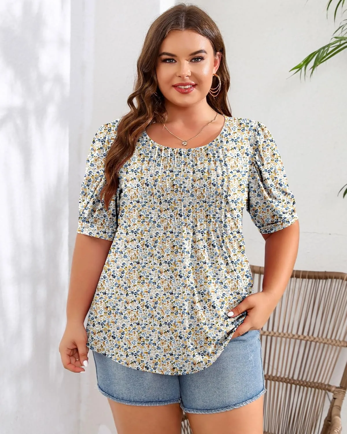 Ficerd Women's Plus Size Puff Short Sleeve Tunic Tops Crew Neck Pleated Blouses Summer Casual T Shirt Blouse 1X-5X