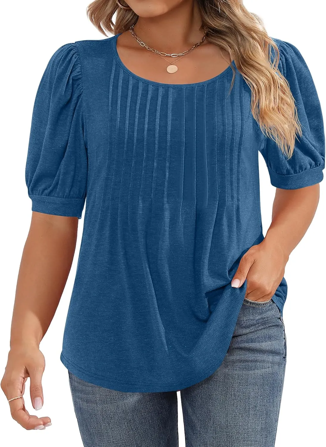 Ficerd Women's Plus Size Puff Short Sleeve Tunic Tops Crew Neck Pleated Blouses Summer Casual T Shirt Blouse 1X-5X