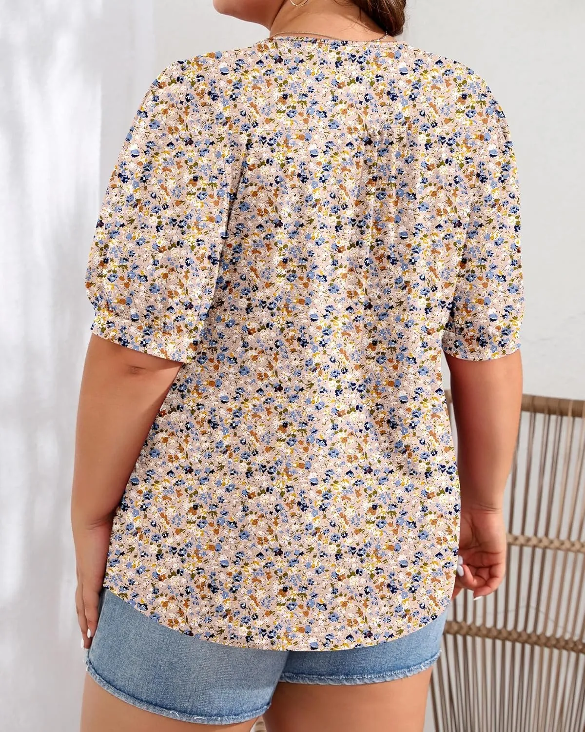 Ficerd Women's Plus Size Puff Short Sleeve Tunic Tops Crew Neck Pleated Blouses Summer Casual T Shirt Blouse 1X-5X