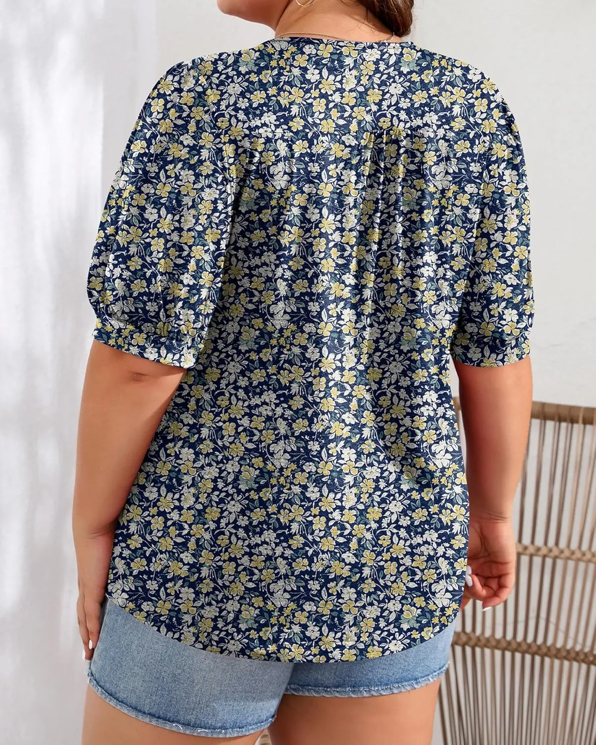 Ficerd Women's Plus Size Puff Short Sleeve Tunic Tops Crew Neck Pleated Blouses Summer Casual T Shirt Blouse 1X-5X