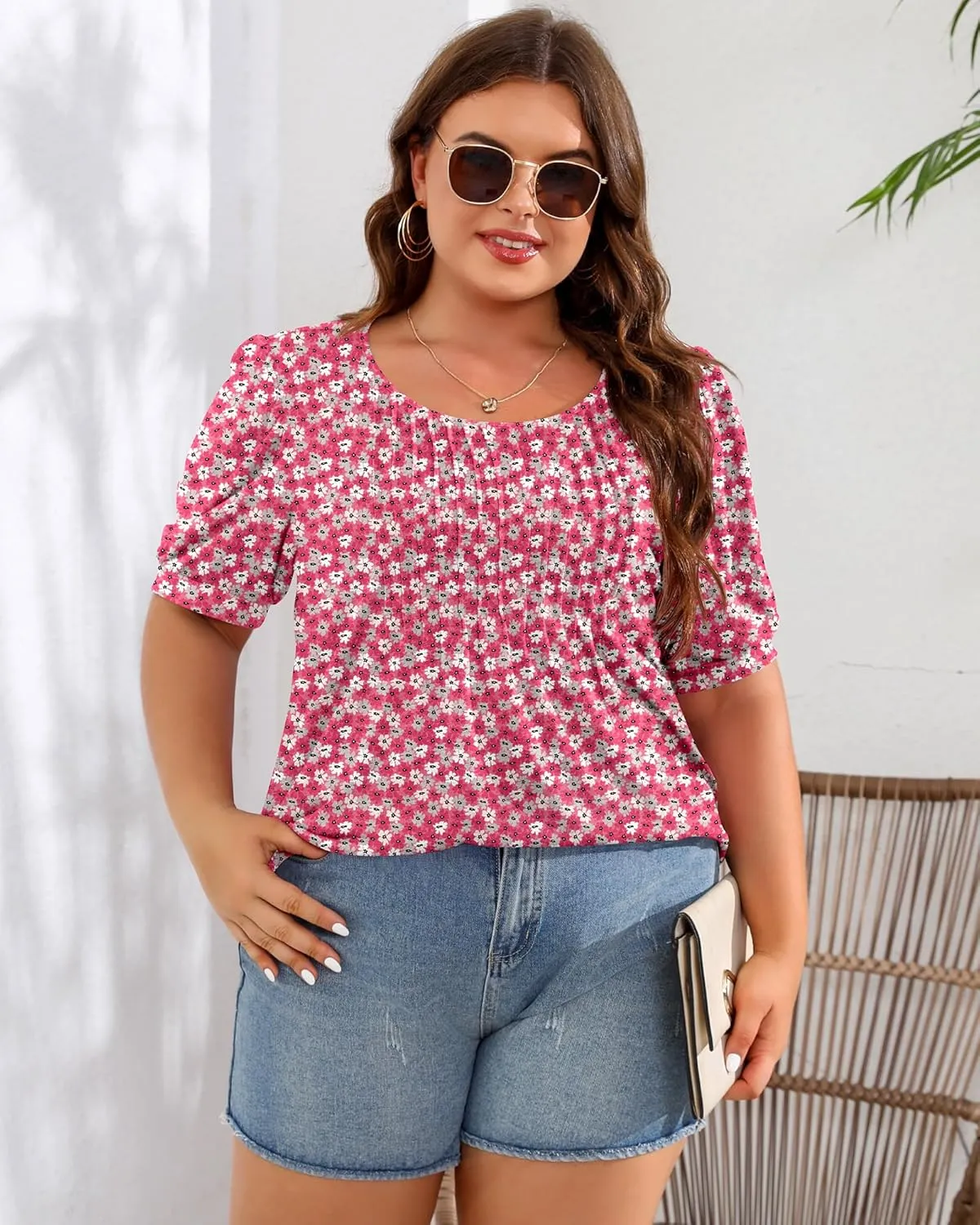 Ficerd Women's Plus Size Puff Short Sleeve Tunic Tops Crew Neck Pleated Blouses Summer Casual T Shirt Blouse 1X-5X