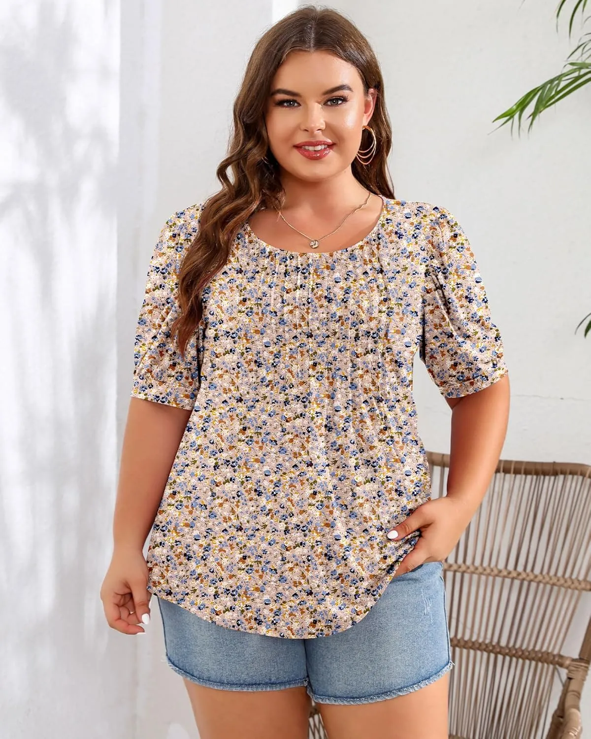 Ficerd Women's Plus Size Puff Short Sleeve Tunic Tops Crew Neck Pleated Blouses Summer Casual T Shirt Blouse 1X-5X