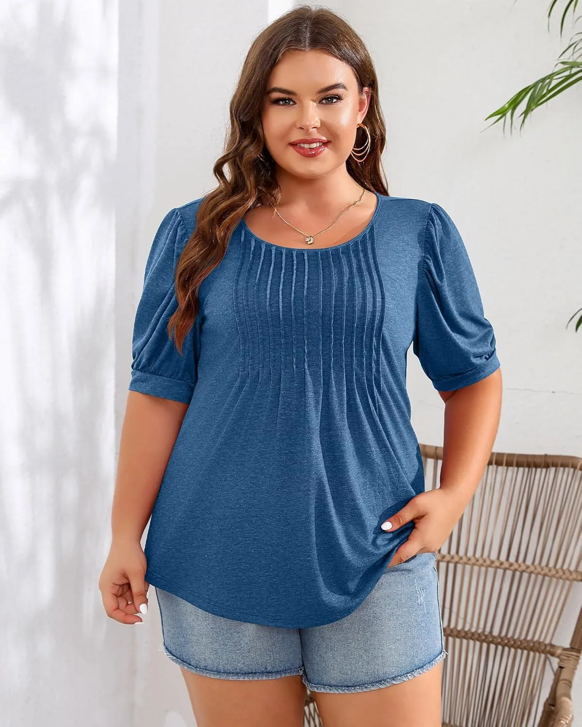 Ficerd Women's Plus Size Puff Short Sleeve Tunic Tops Crew Neck Pleated Blouses Summer Casual T Shirt Blouse 1X-5X