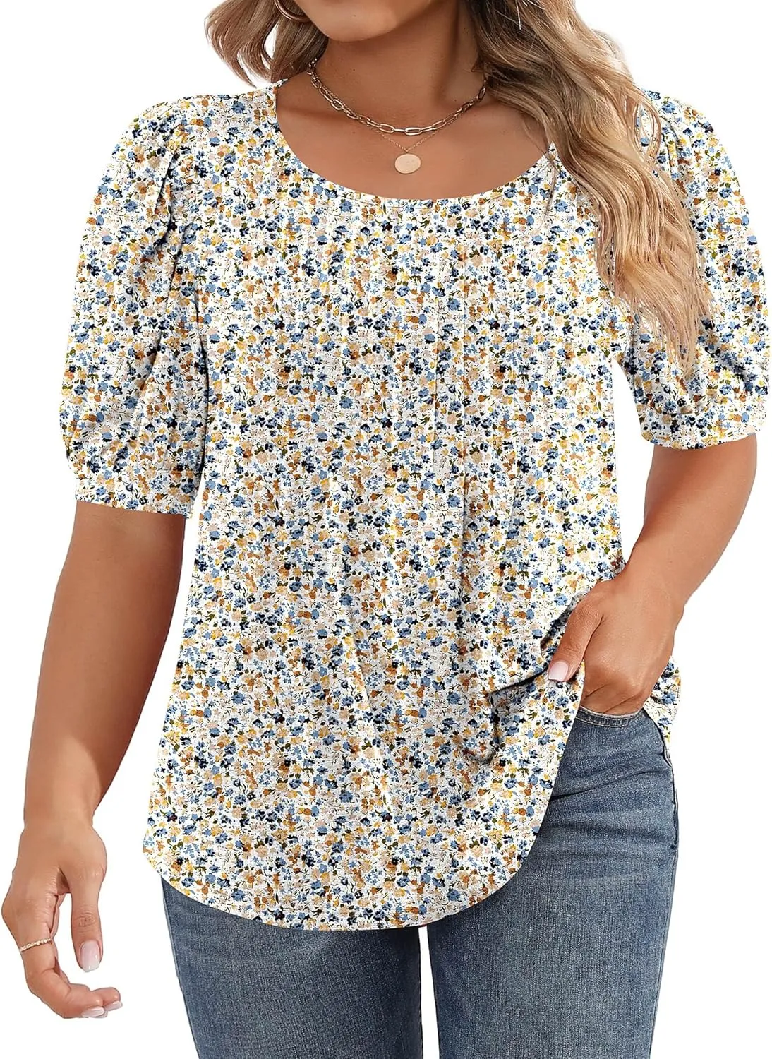 Ficerd Women's Plus Size Puff Short Sleeve Tunic Tops Crew Neck Pleated Blouses Summer Casual T Shirt Blouse 1X-5X