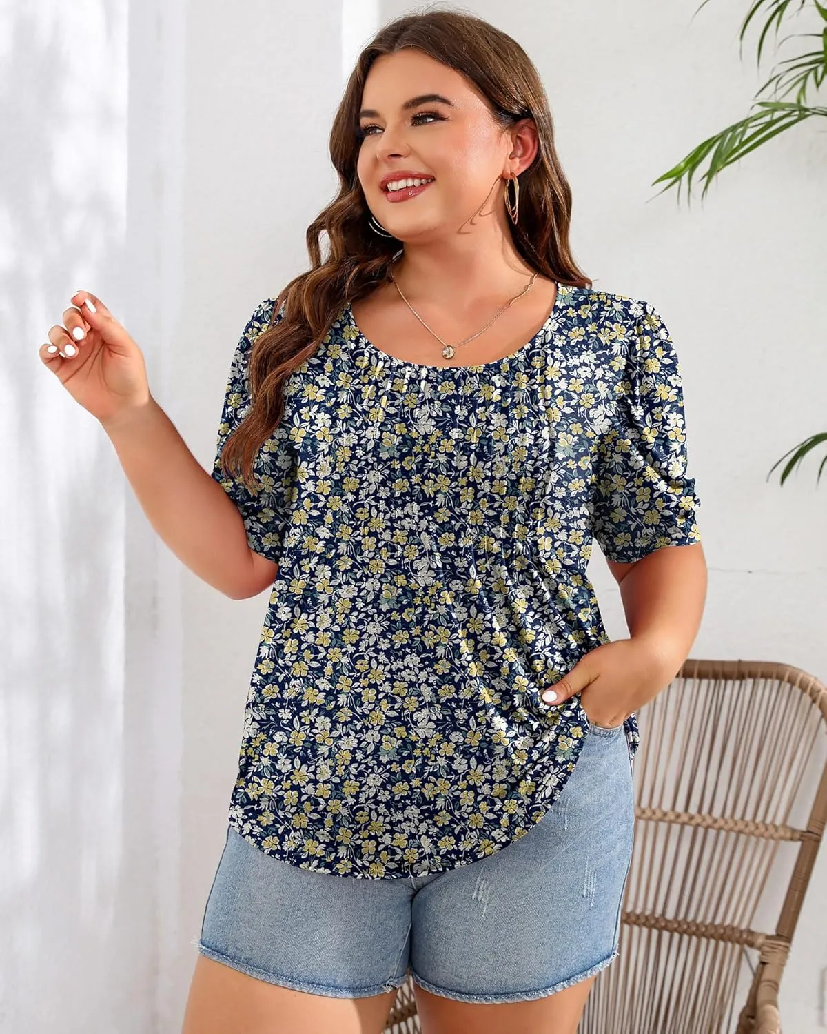 Ficerd Women's Plus Size Puff Short Sleeve Tunic Tops Crew Neck Pleated Blouses Summer Casual T Shirt Blouse 1X-5X