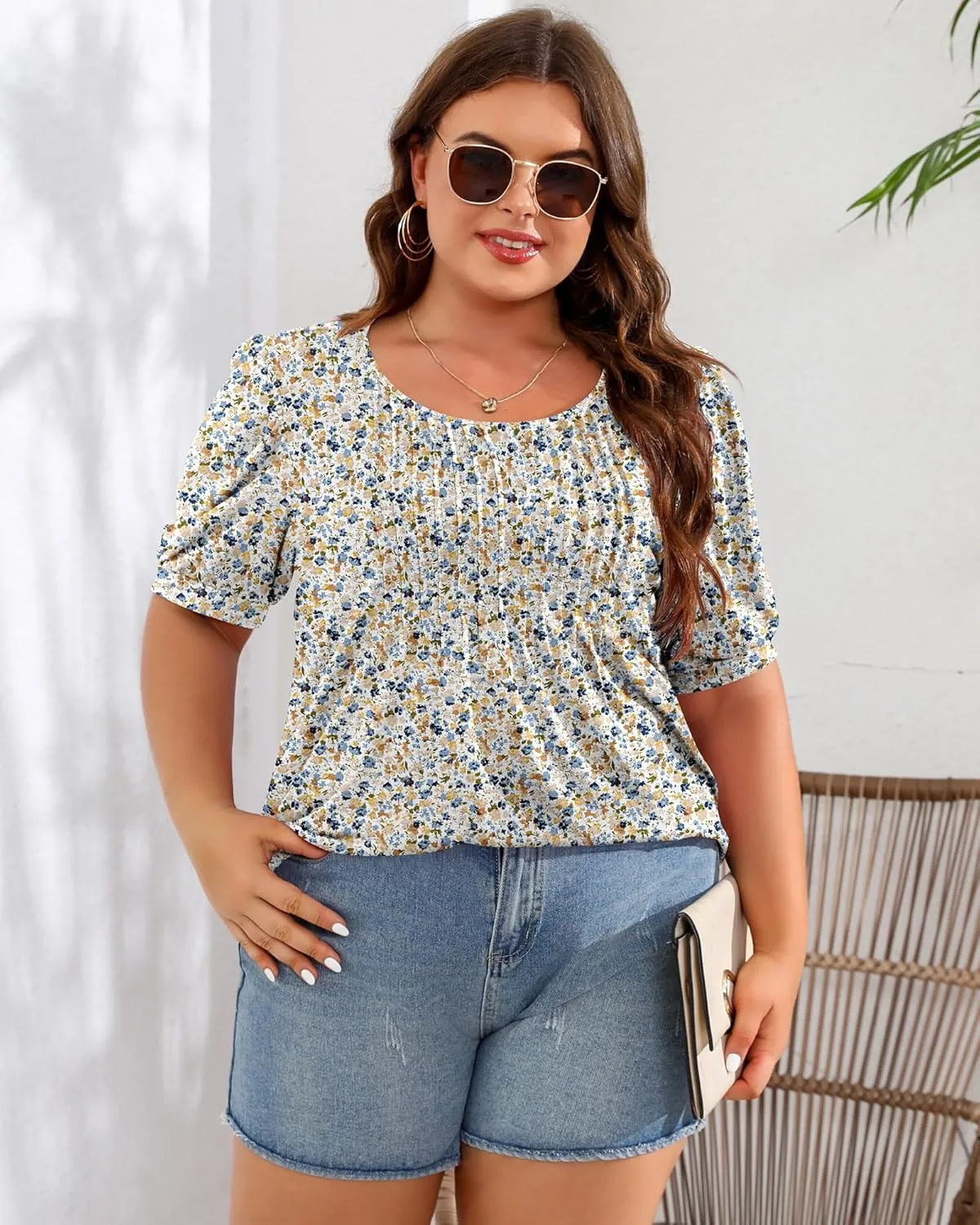 Ficerd Women's Plus Size Puff Short Sleeve Tunic Tops Crew Neck Pleated Blouses Summer Casual T Shirt Blouse 1X-5X