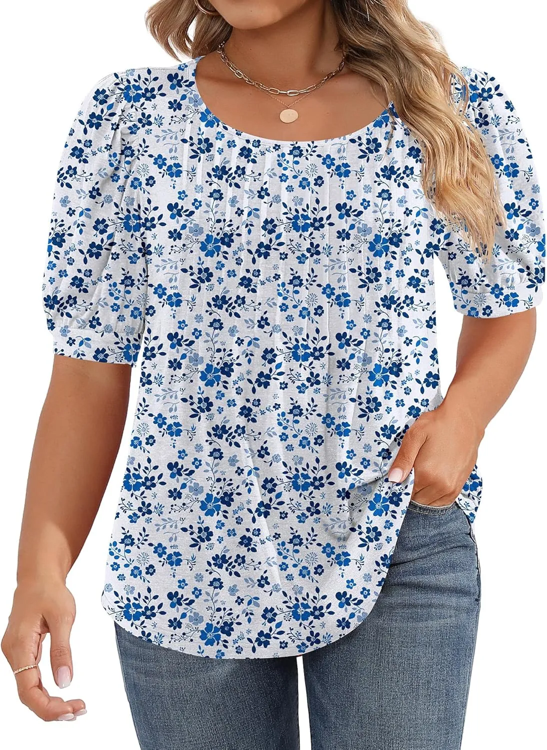 Ficerd Women's Plus Size Puff Short Sleeve Tunic Tops Crew Neck Pleated Blouses Summer Casual T Shirt Blouse 1X-5X