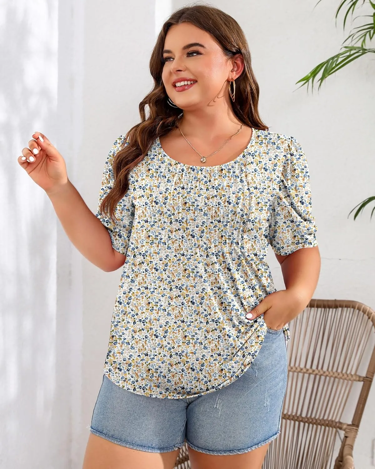Ficerd Women's Plus Size Puff Short Sleeve Tunic Tops Crew Neck Pleated Blouses Summer Casual T Shirt Blouse 1X-5X