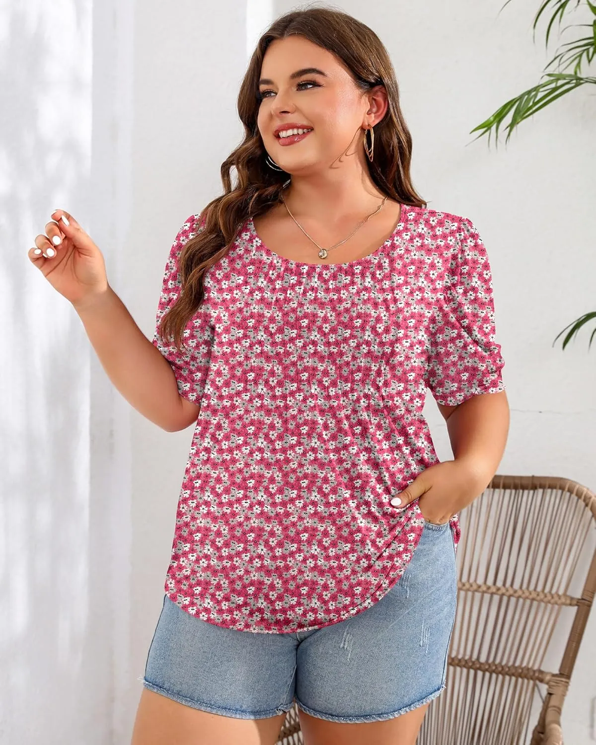 Ficerd Women's Plus Size Puff Short Sleeve Tunic Tops Crew Neck Pleated Blouses Summer Casual T Shirt Blouse 1X-5X