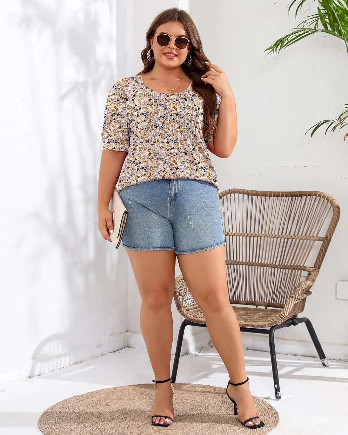 Ficerd Women's Plus Size Puff Short Sleeve Tunic Tops Crew Neck Pleated Blouses Summer Casual T Shirt Blouse 1X-5X