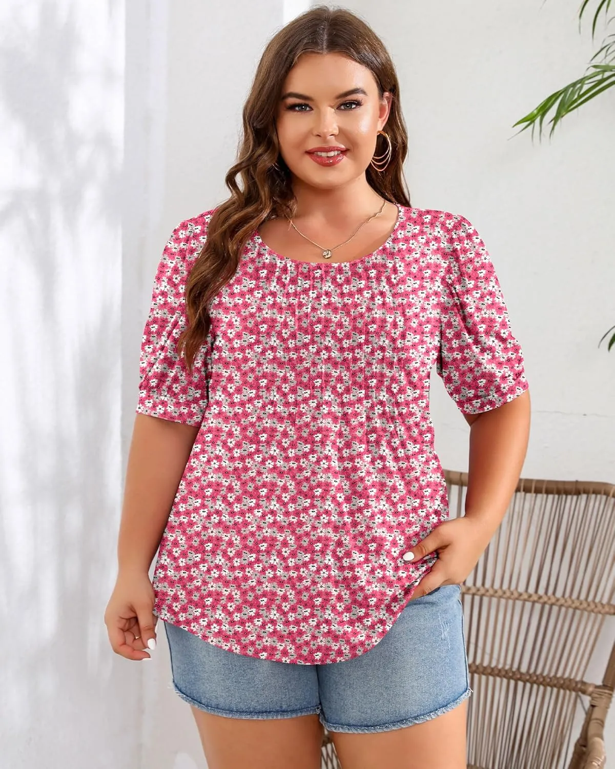 Ficerd Women's Plus Size Puff Short Sleeve Tunic Tops Crew Neck Pleated Blouses Summer Casual T Shirt Blouse 1X-5X