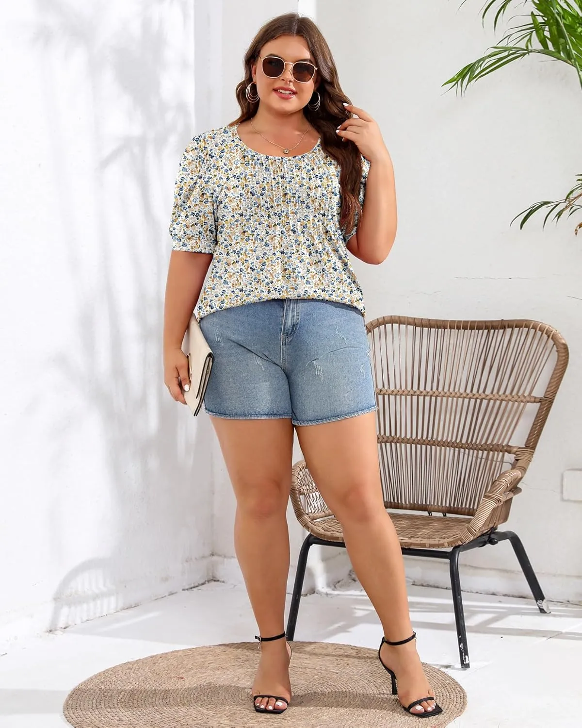 Ficerd Women's Plus Size Puff Short Sleeve Tunic Tops Crew Neck Pleated Blouses Summer Casual T Shirt Blouse 1X-5X