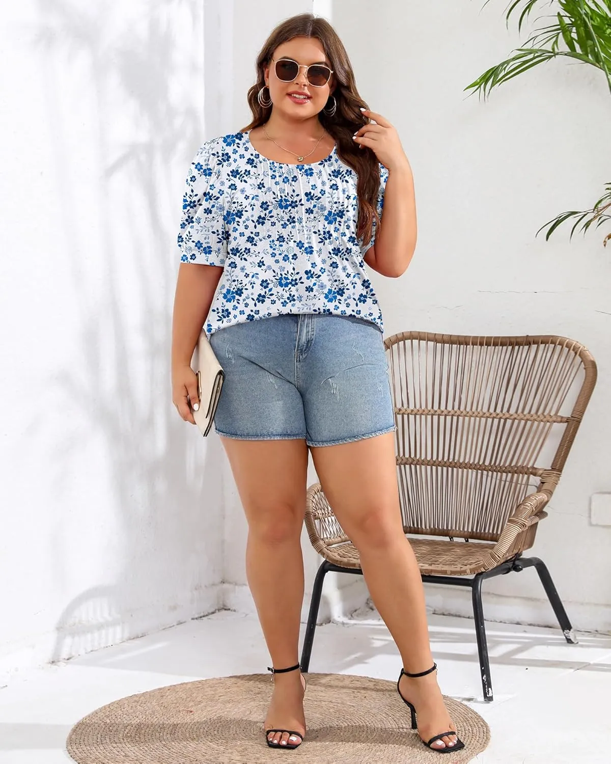 Ficerd Women's Plus Size Puff Short Sleeve Tunic Tops Crew Neck Pleated Blouses Summer Casual T Shirt Blouse 1X-5X
