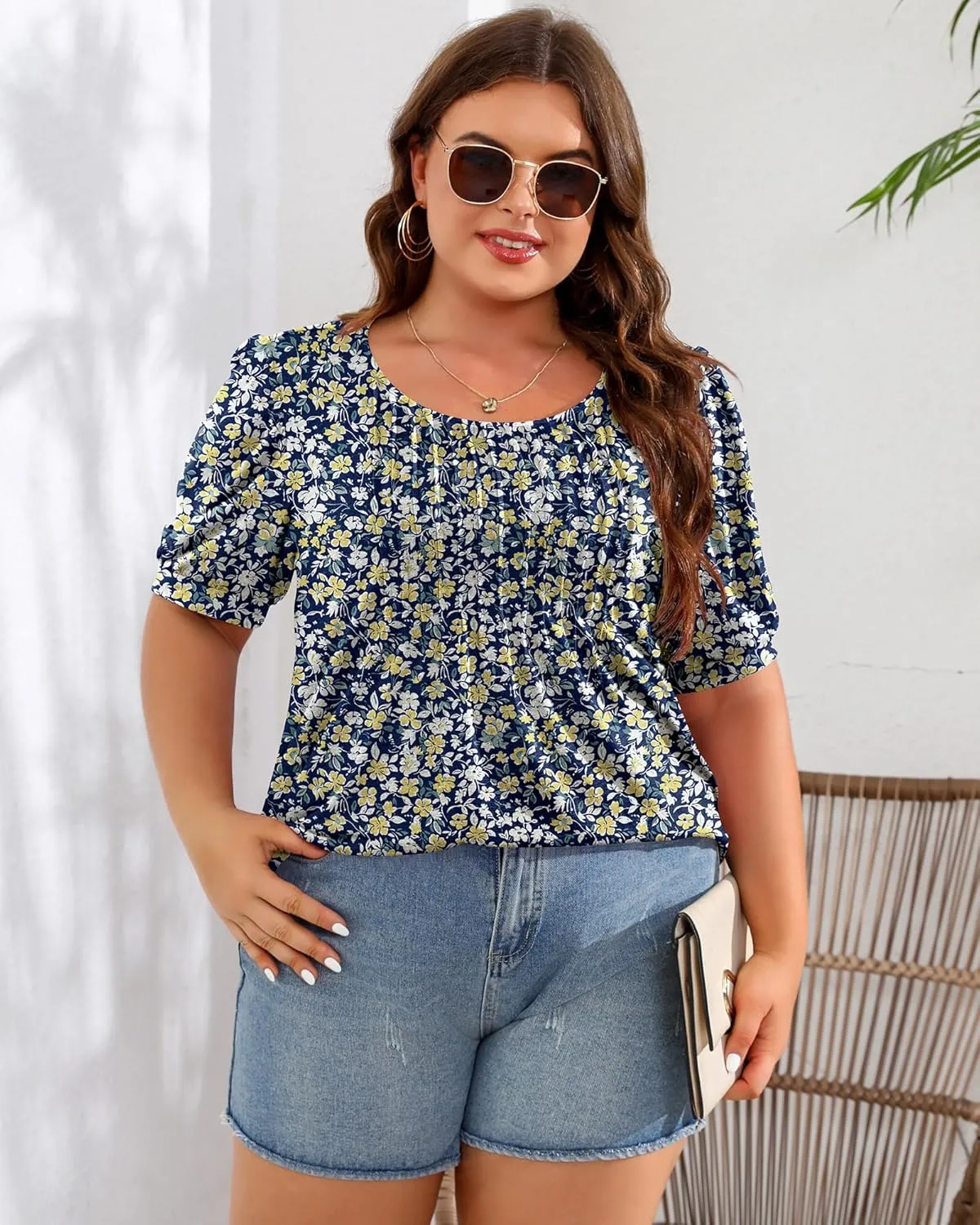 Ficerd Women's Plus Size Puff Short Sleeve Tunic Tops Crew Neck Pleated Blouses Summer Casual T Shirt Blouse 1X-5X