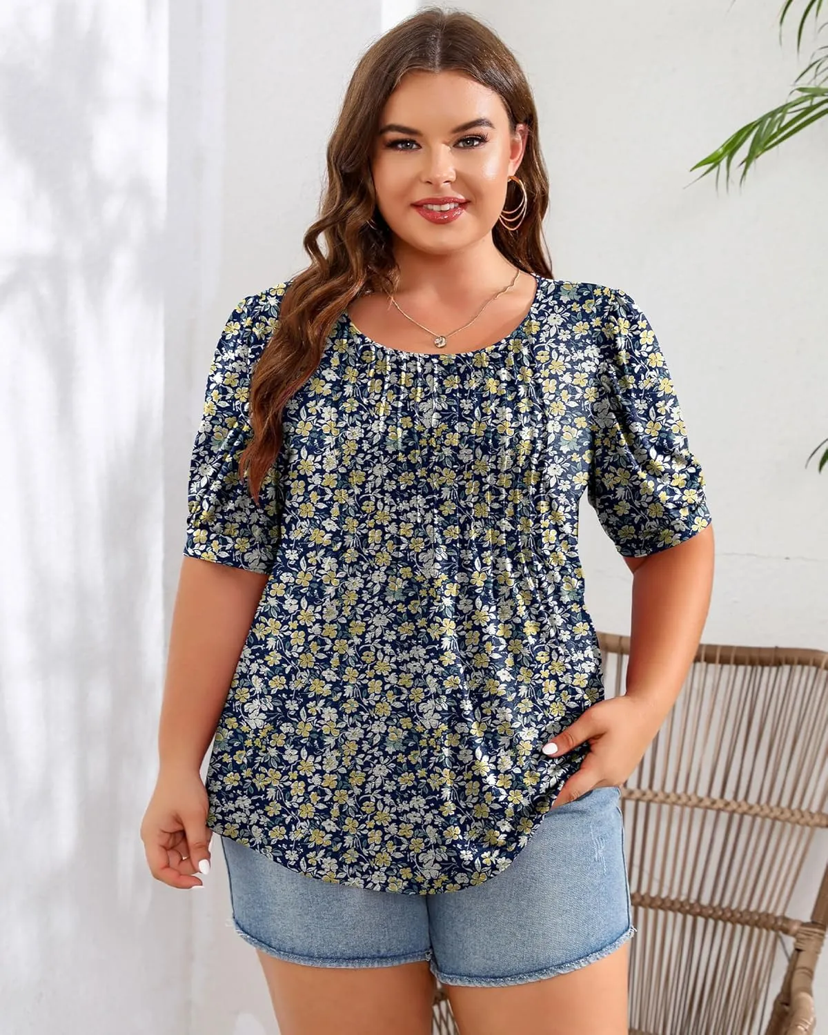 Ficerd Women's Plus Size Puff Short Sleeve Tunic Tops Crew Neck Pleated Blouses Summer Casual T Shirt Blouse 1X-5X