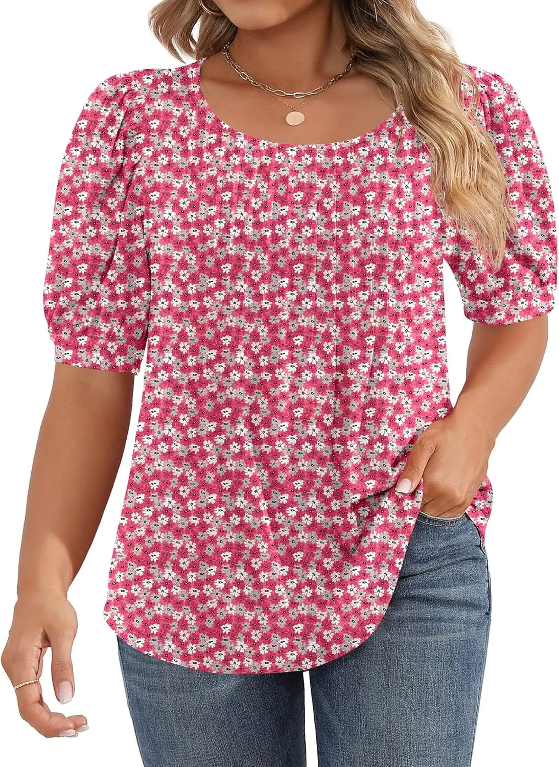 Ficerd Women's Plus Size Puff Short Sleeve Tunic Tops Crew Neck Pleated Blouses Summer Casual T Shirt Blouse 1X-5X