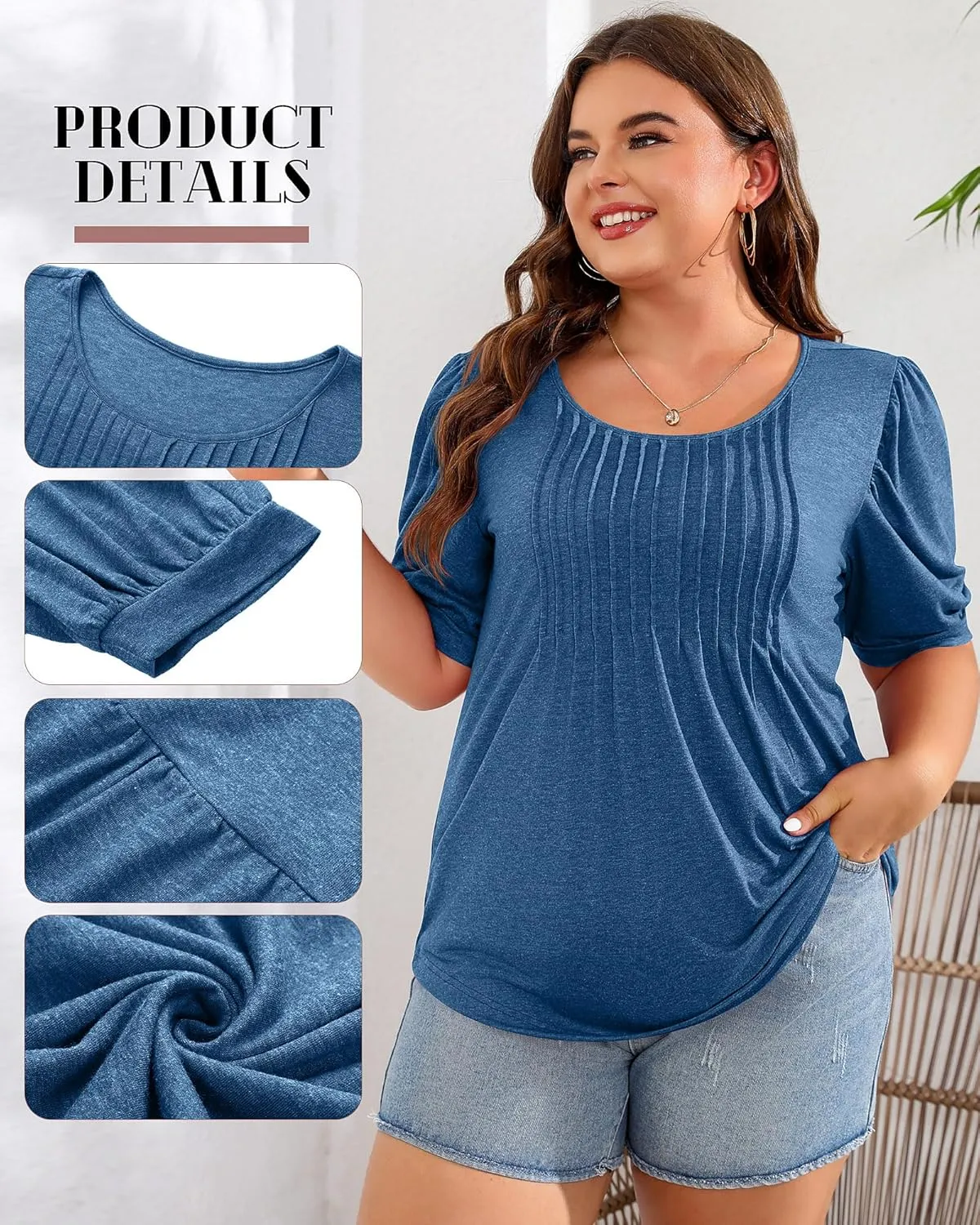 Ficerd Women's Plus Size Puff Short Sleeve Tunic Tops Crew Neck Pleated Blouses Summer Casual T Shirt Blouse 1X-5X