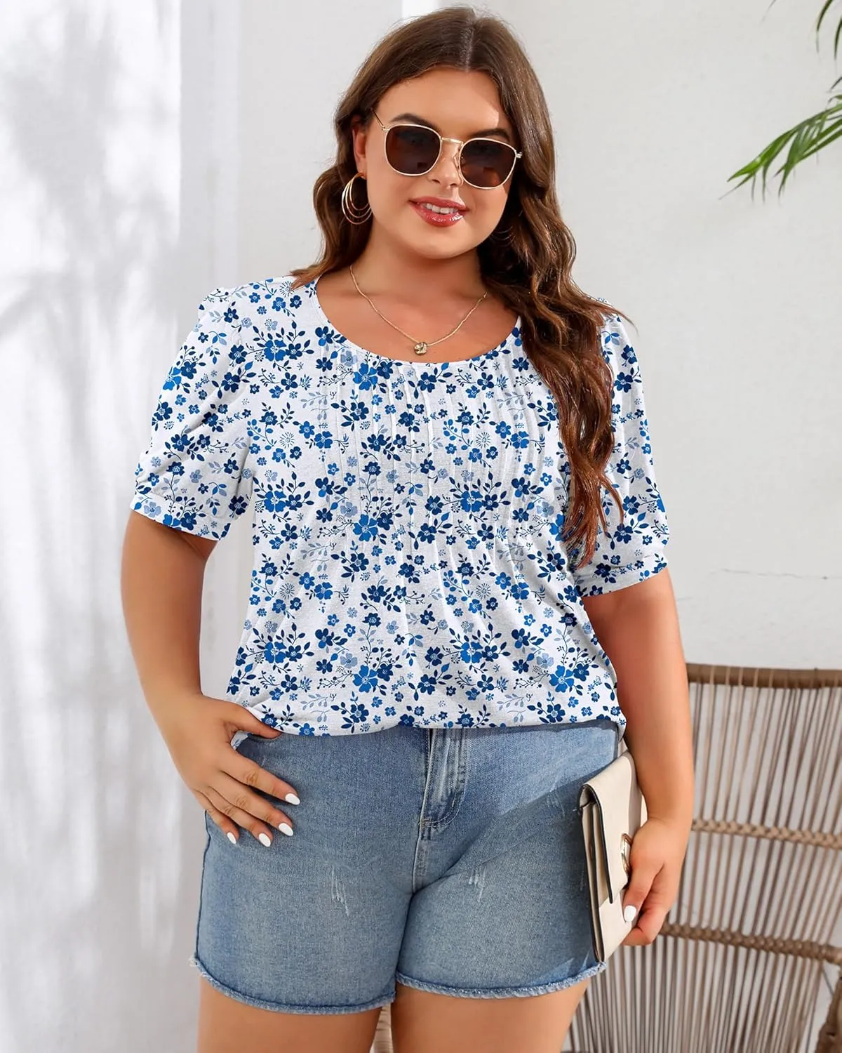 Ficerd Women's Plus Size Puff Short Sleeve Tunic Tops Crew Neck Pleated Blouses Summer Casual T Shirt Blouse 1X-5X