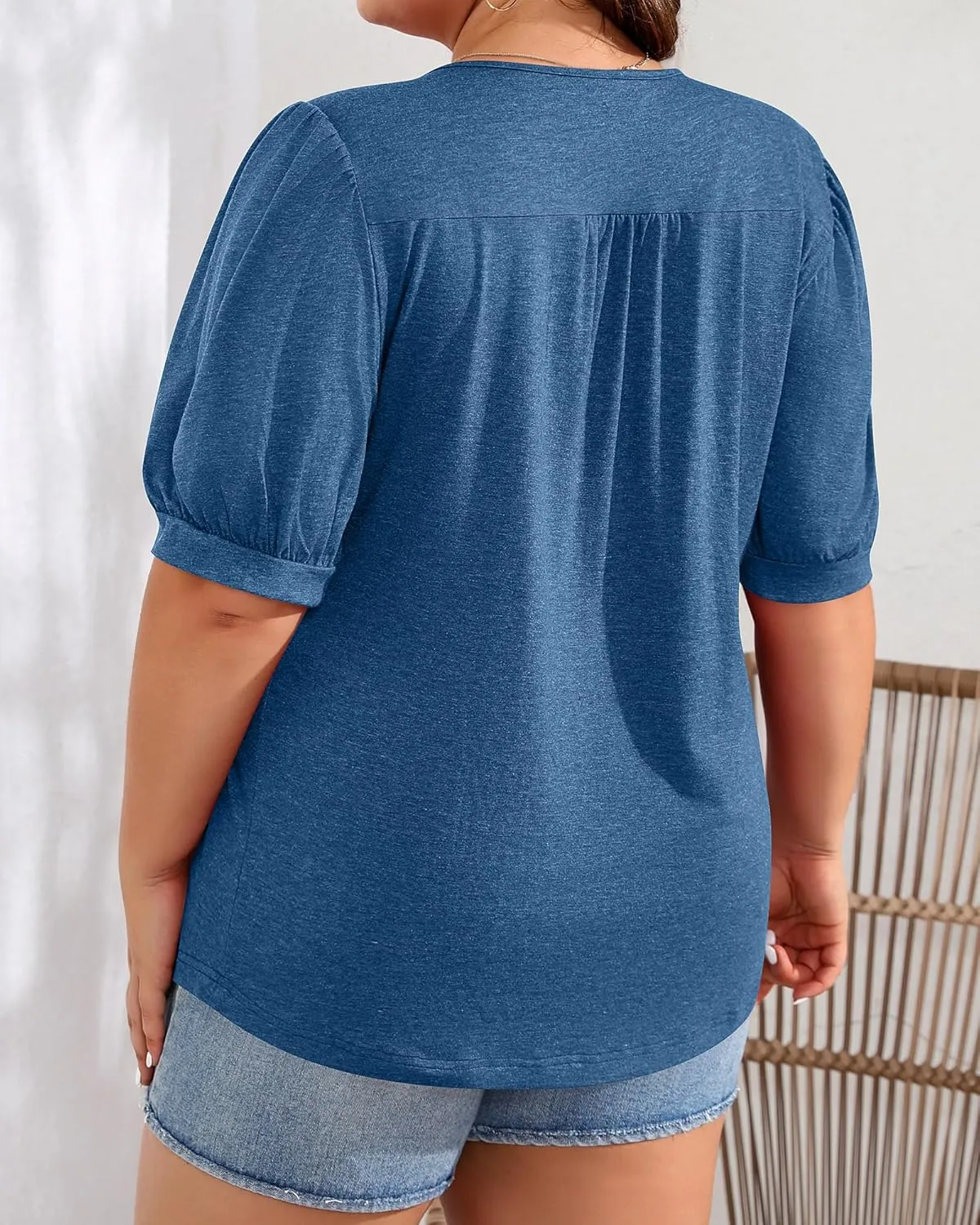 Ficerd Women's Plus Size Puff Short Sleeve Tunic Tops Crew Neck Pleated Blouses Summer Casual T Shirt Blouse 1X-5X