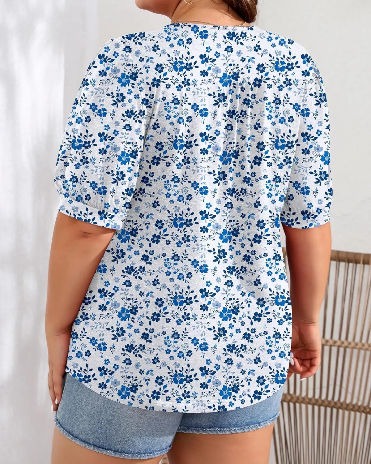 Ficerd Women's Plus Size Puff Short Sleeve Tunic Tops Crew Neck Pleated Blouses Summer Casual T Shirt Blouse 1X-5X