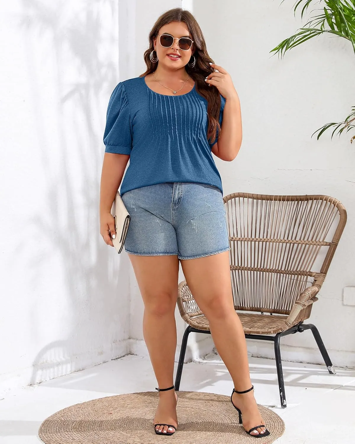 Ficerd Women's Plus Size Puff Short Sleeve Tunic Tops Crew Neck Pleated Blouses Summer Casual T Shirt Blouse 1X-5X