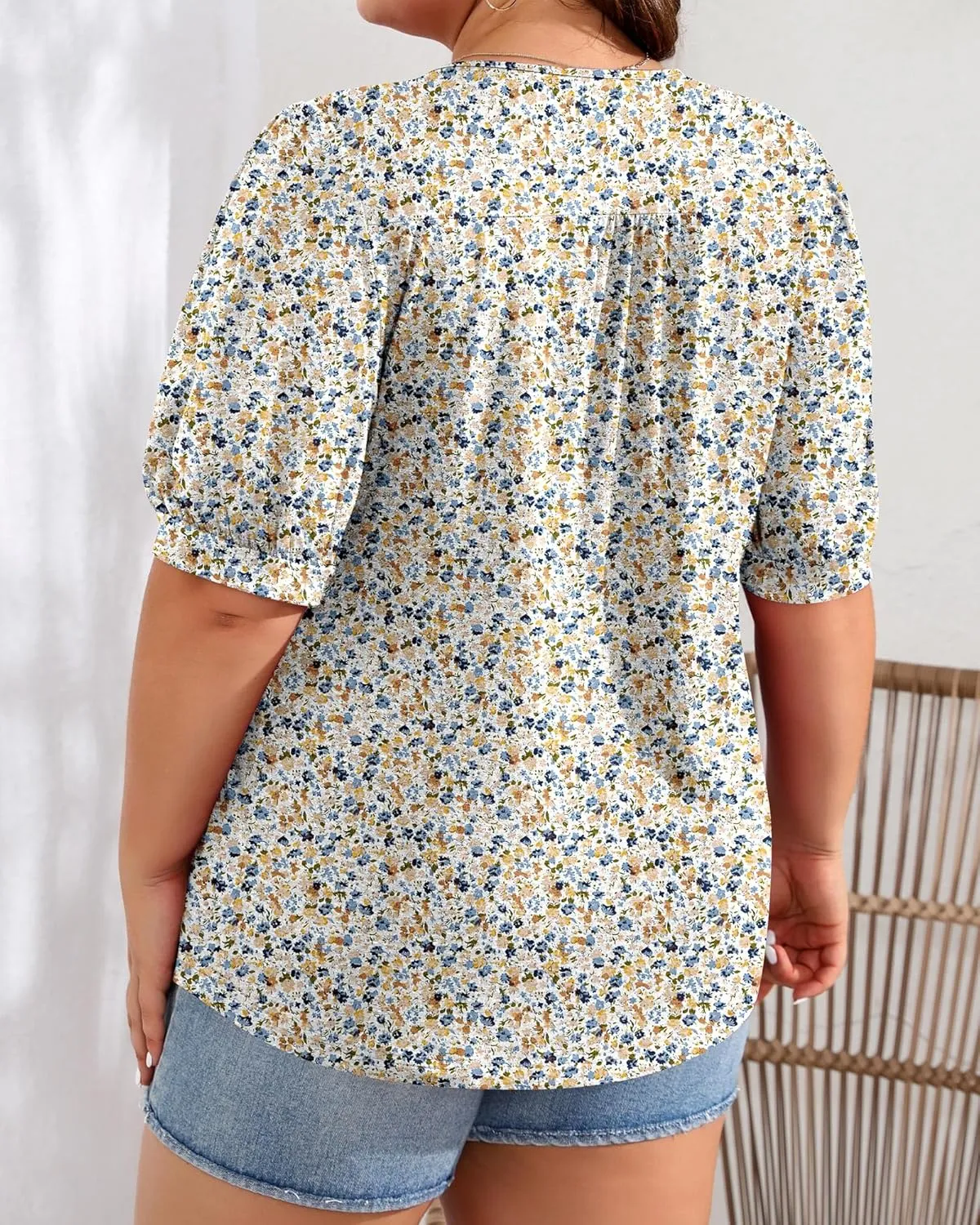 Ficerd Women's Plus Size Puff Short Sleeve Tunic Tops Crew Neck Pleated Blouses Summer Casual T Shirt Blouse 1X-5X