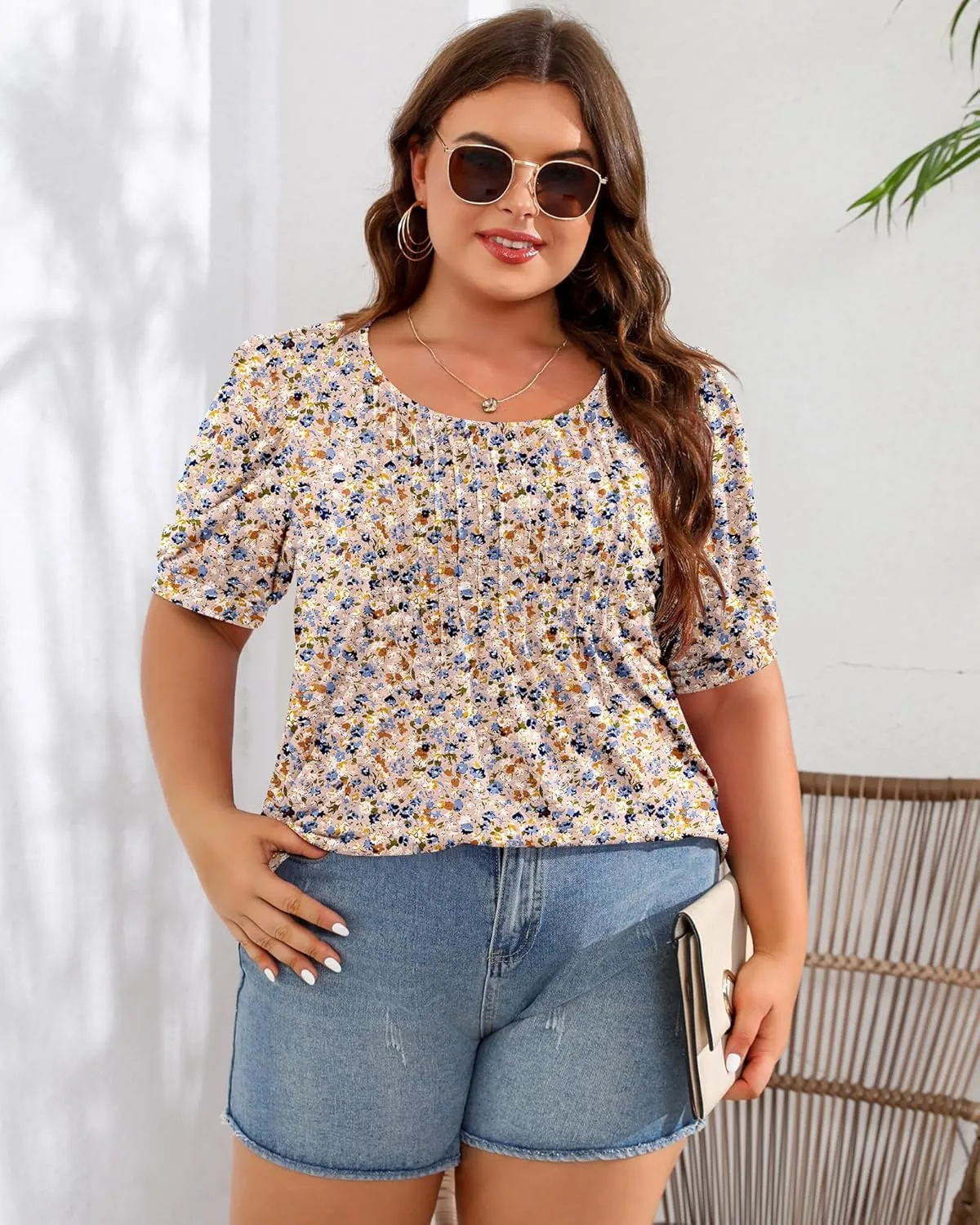 Ficerd Women's Plus Size Puff Short Sleeve Tunic Tops Crew Neck Pleated Blouses Summer Casual T Shirt Blouse 1X-5X