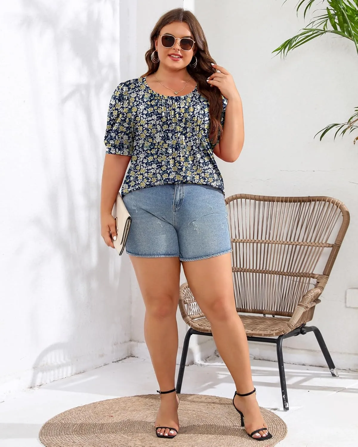 Ficerd Women's Plus Size Puff Short Sleeve Tunic Tops Crew Neck Pleated Blouses Summer Casual T Shirt Blouse 1X-5X