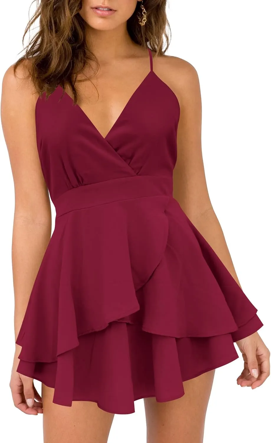 firfig Women??s Deep V-Neck Cami Dress Crisscross Open Back Tie Waist Mini Dresses