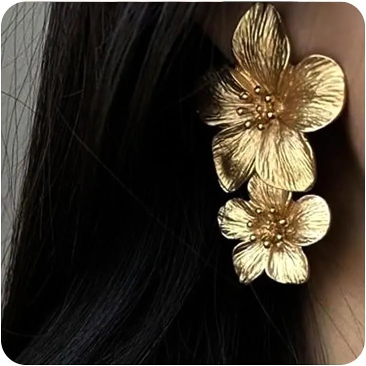 Flower Dangle Earrings,Boho Minimalist Chunky Metal Double Floral Drop Statement Earrings,Aesthetic Anniversary Jewelry Gift for Women