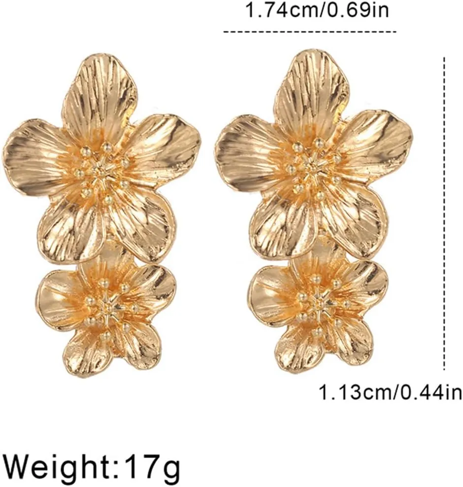 Flower Dangle Earrings,Boho Minimalist Chunky Metal Double Floral Drop Statement Earrings,Aesthetic Anniversary Jewelry Gift for Women